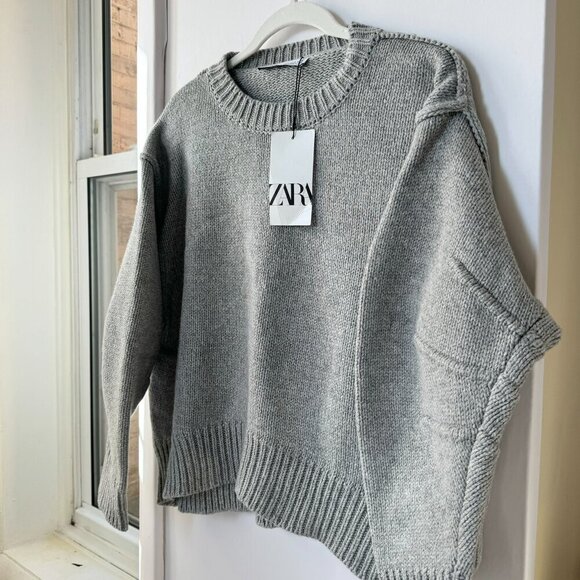 NWT Zara Pleated Sleeve Knit Sweater Pullover Wool Blend in Gray 3920/180 - Picture 9 of 15